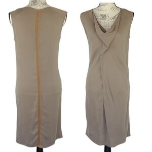 Maggie Ward Leather Striped Vintage Shift Dress in Muted Olive, Size S